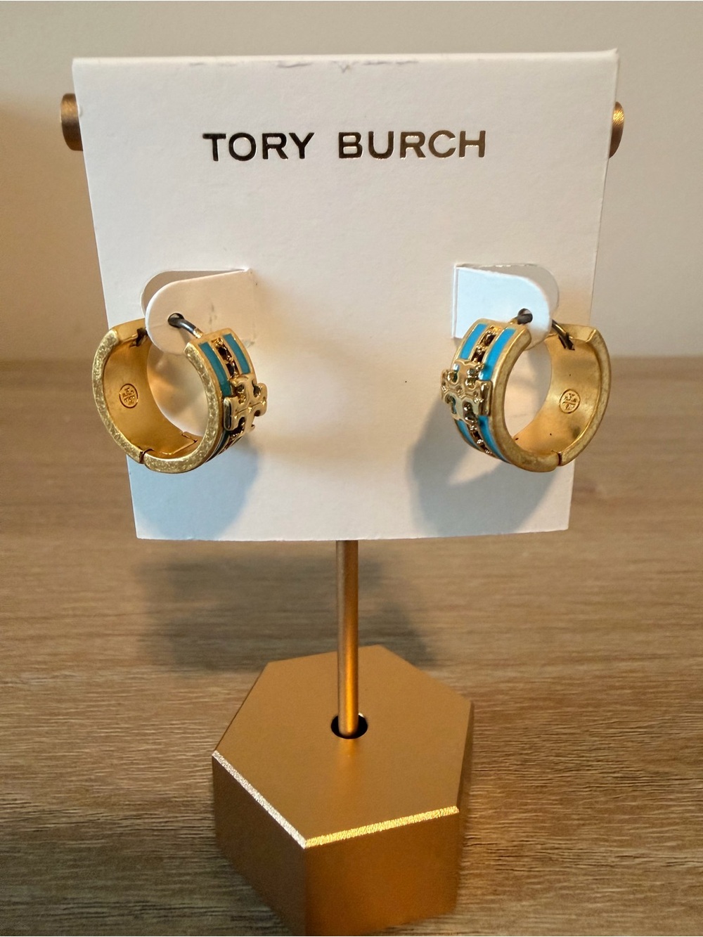Tory Burch Gold Tone Blue Enamel Double T Huggie Hoop Earrings
